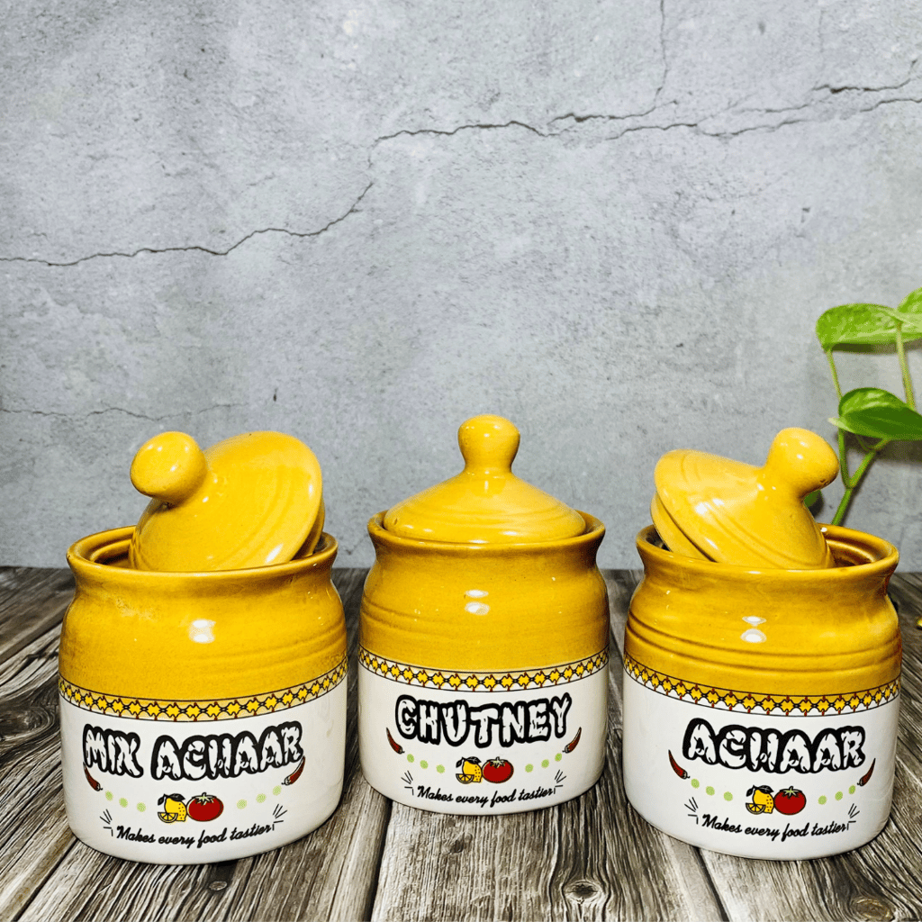 Homefrills Handpainted Achar/Chutney/Pickle serving Ceramic Jars & Containers with Lid for Kitchen & Dinning Table, Chutney/Achar/Pickle serving set(3 jars with Lid) Colour-Brown,300 ml view 2