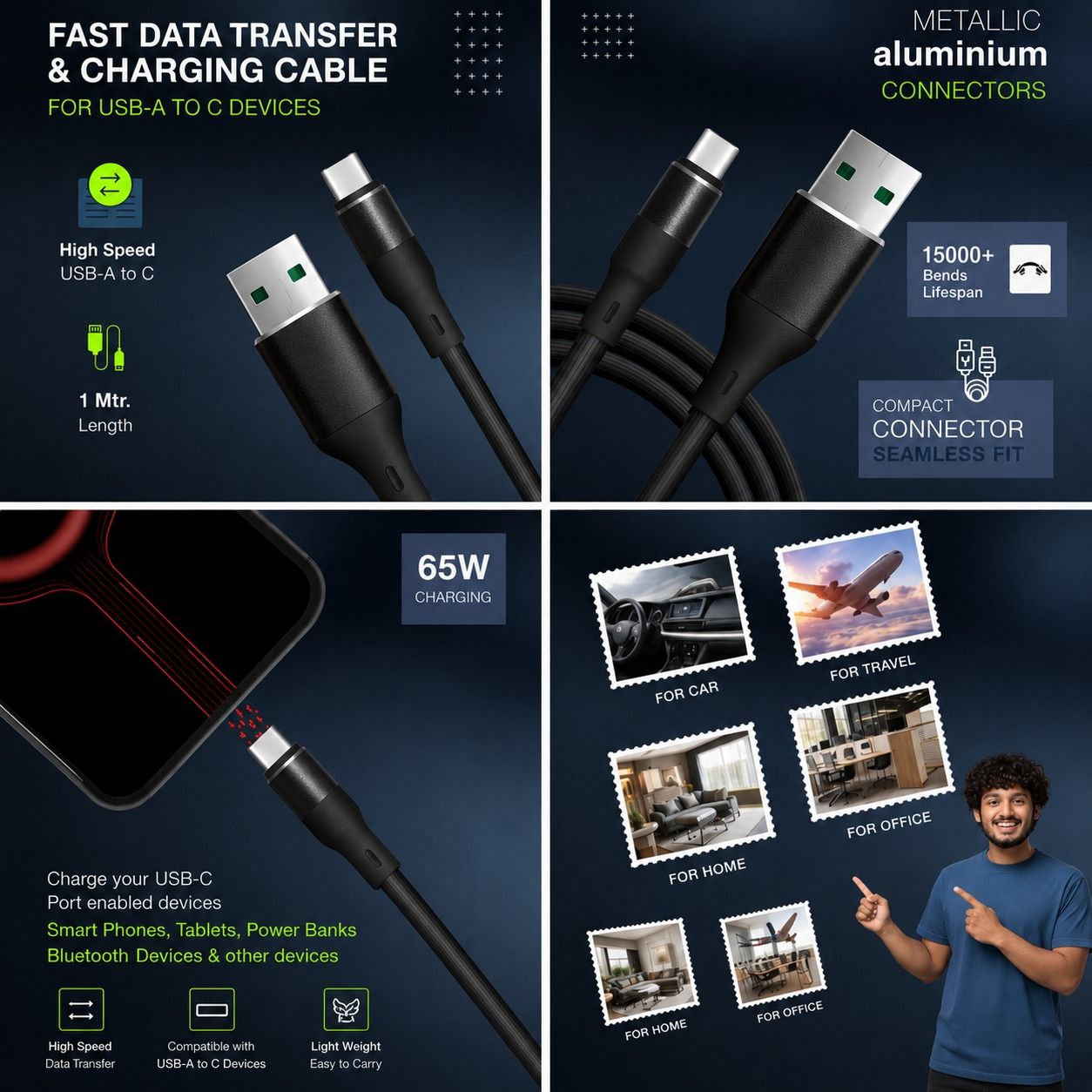 XON 65W Fast Charging USB-A to Type-C Cable, Data Transfer & Fast Charge, 1 Meter - Black view 2