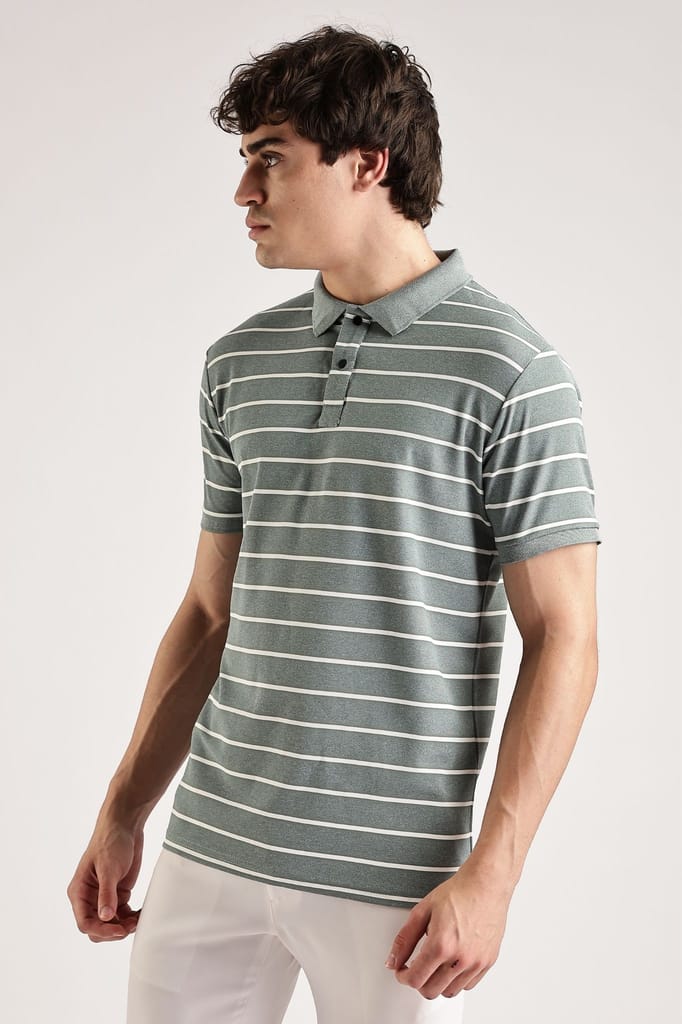 Pollycotton Olive Striped Polo view 2