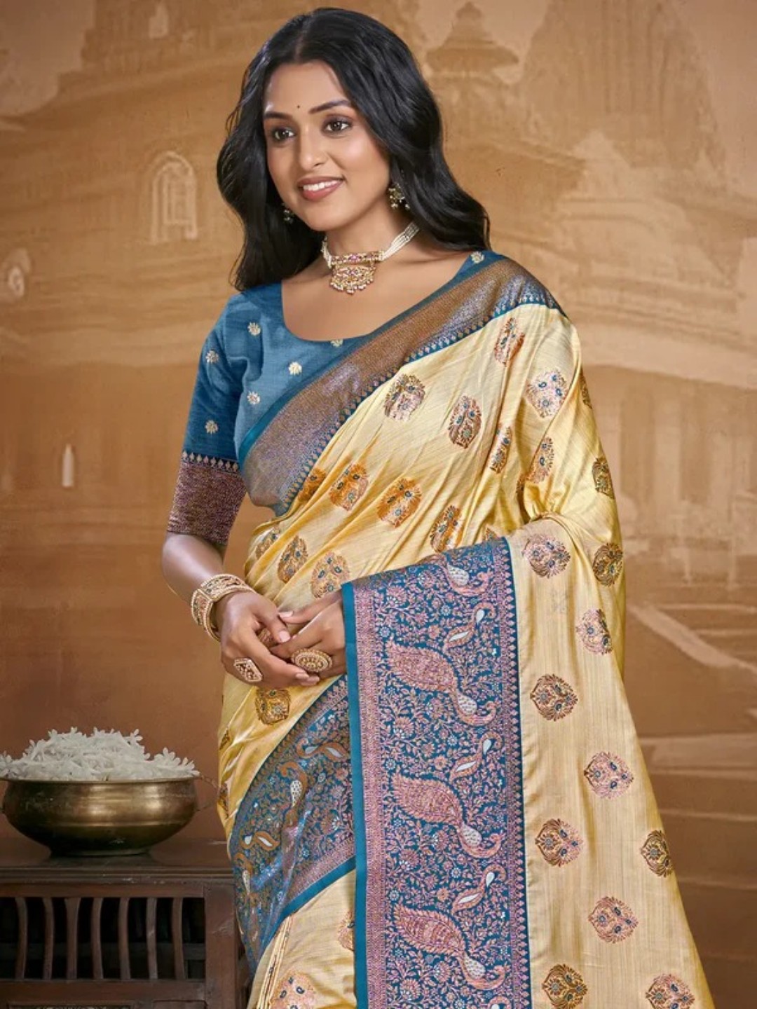 Beige Silk Saree view 2