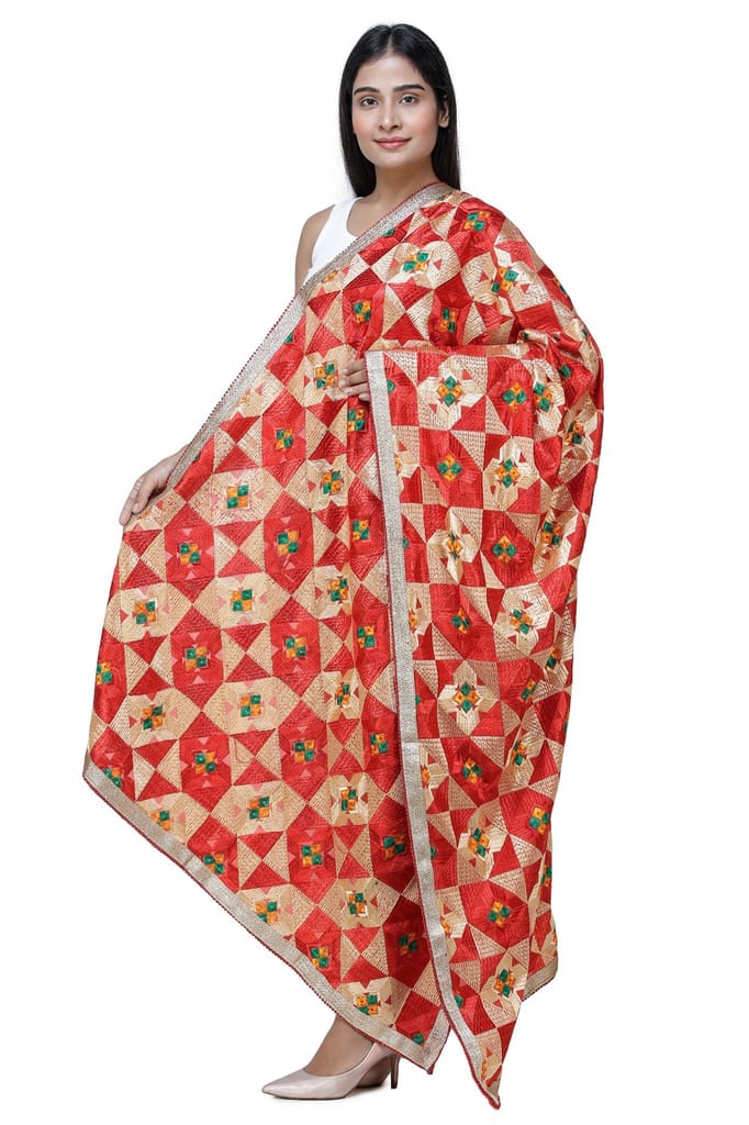 Flame-Scarlet Phulkari Dupatta from Punjab with Geometric Patterns and Zari Border view 2