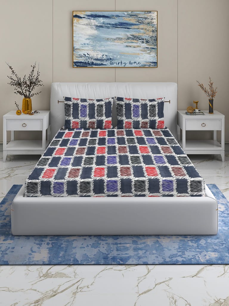 Quirky Home Fantasy Collection Premium Cotton Blend 180 TC Fitted Double Wrinklefree Bedsheet with 2 Pillow Covers, Grey Check