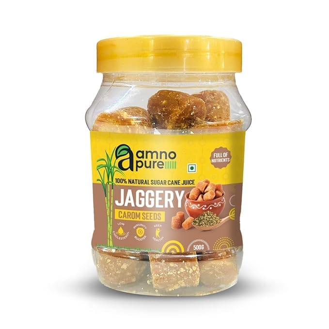 Amno Pure Natural Sugar Cane Jaggery 10G Cube with Carom Seeds | Cholestrol free, Fat free & 100% Natural - 500G Pet Jar