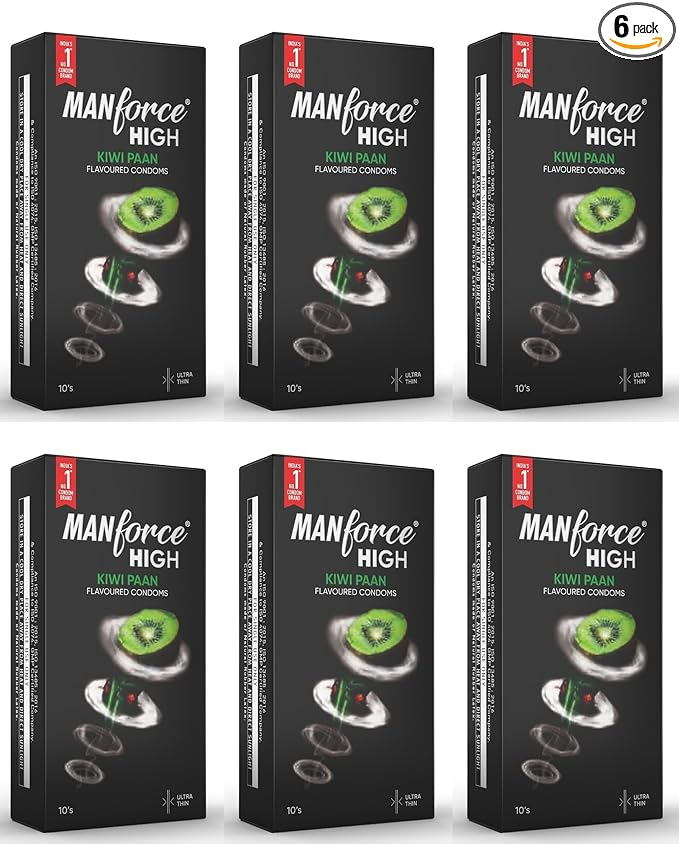 Manforce High Kiwi Paan Flavoured Condoms for Men 10 Count Ultra Thin Lubricated Latex Condoms For Her Enhanced Pleasure x Pack of 6