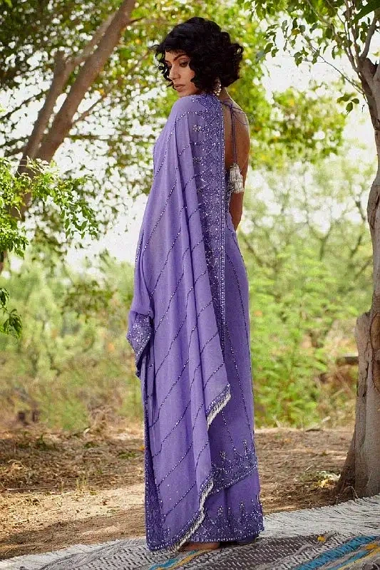 Lavender Color Floral Georgette Saree by SHIV TEXTILES view 2
