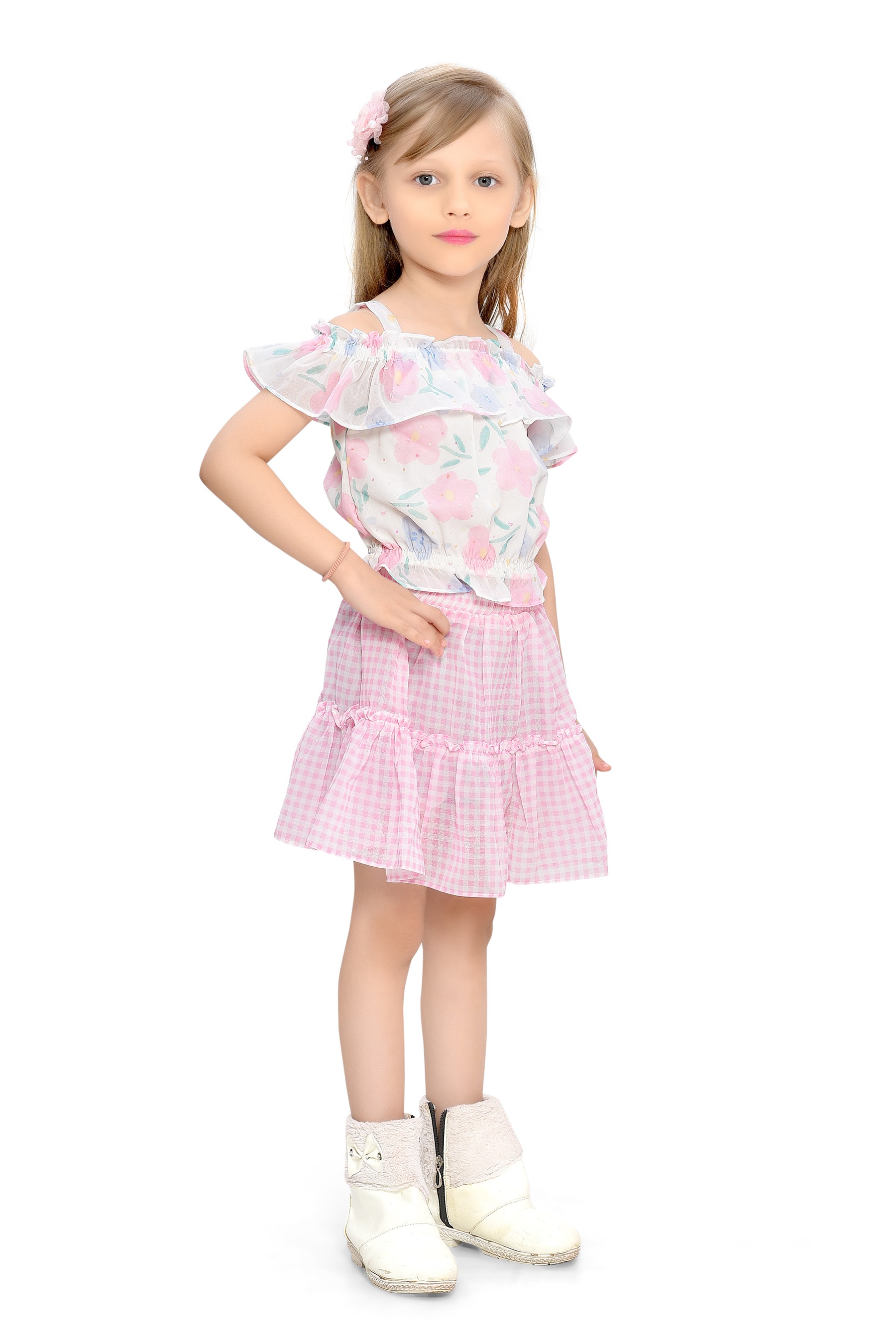 Be:Kids Pink Springtime Whimsy Ruffle Blouse and Gingham Skirt Set view 2