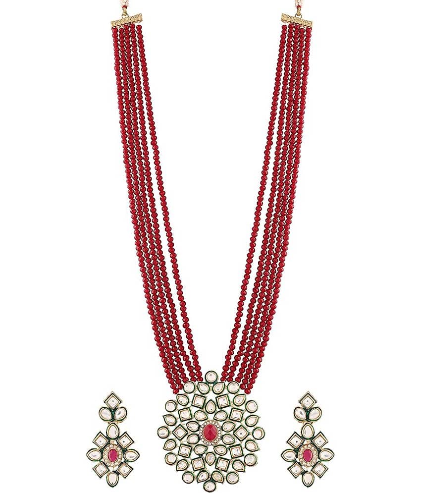 Jewar Mandi - Green Brass Necklace Set ( Pack of 1 )