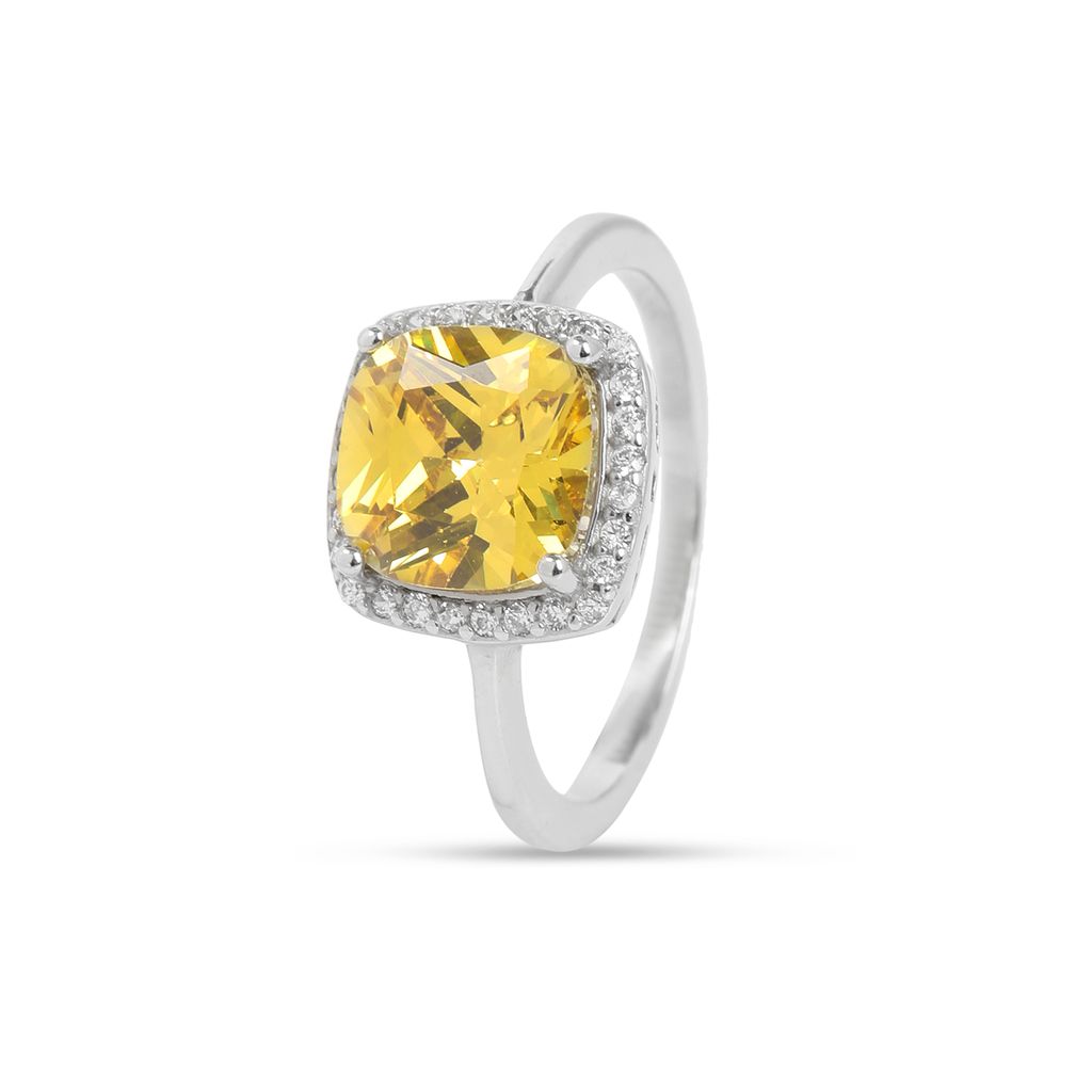925 Sterling Silver Cushion Cut Yellow Stone Ring for Women | Elegant Halo Design with Cubic Zirconia I Weight - 2.75 gram