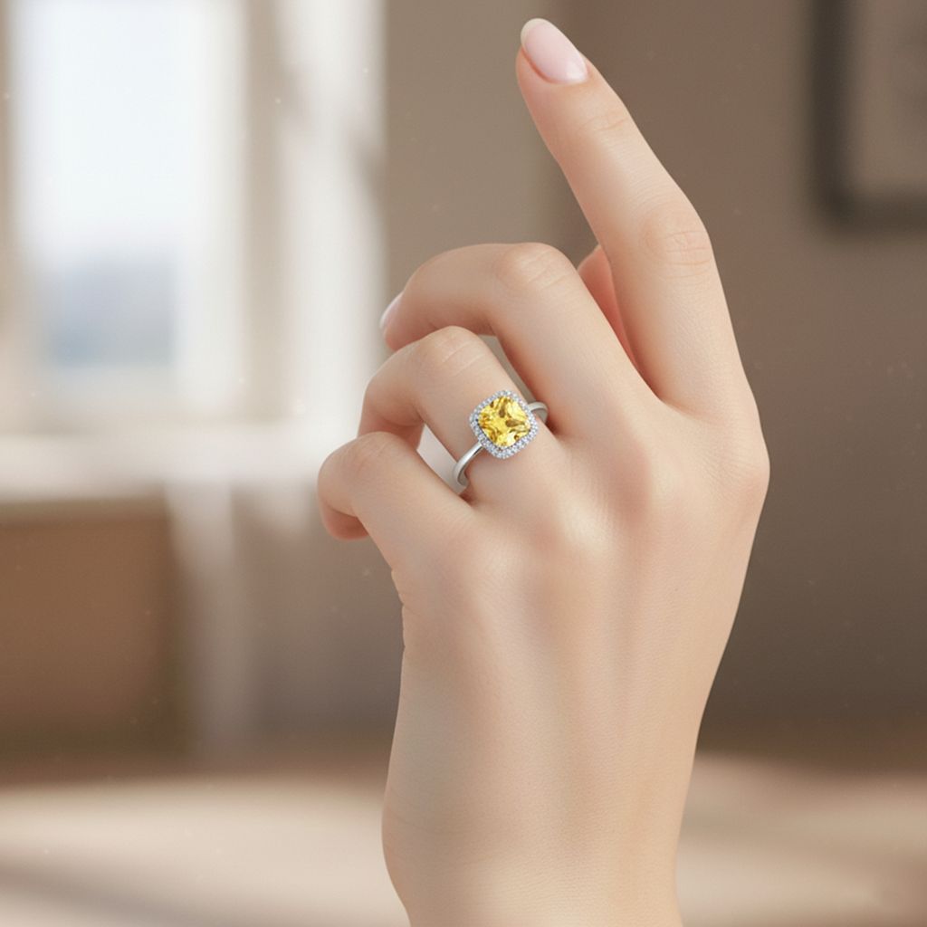 925 Sterling Silver Cushion Cut Yellow Stone Ring for Women | Elegant Halo Design with Cubic Zirconia I Weight - 2.75 gram view 2