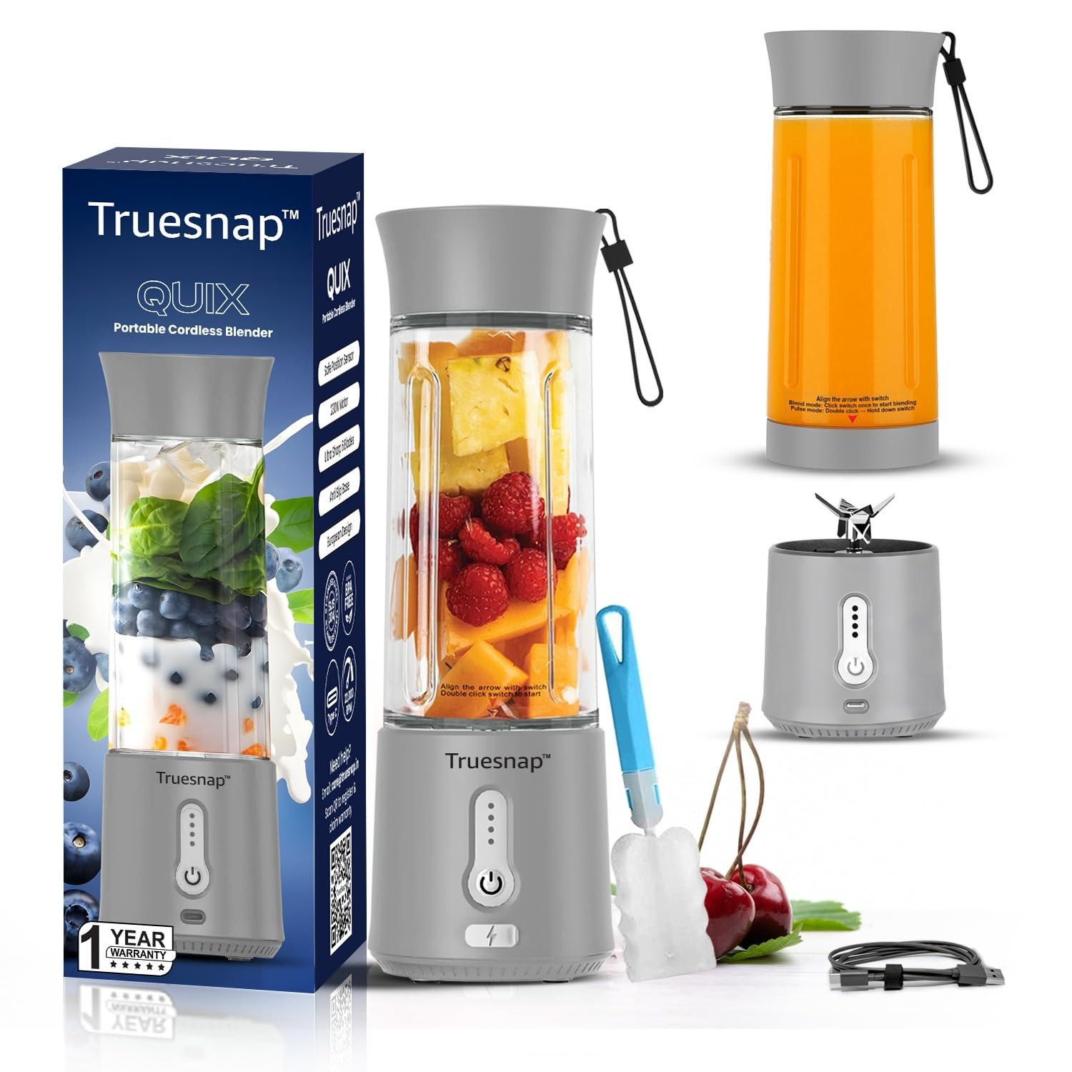 Truesnap ISI Approved Quix Pro Portable Blender 500ml, USB Juicer, 230W Motor, 6 SS Blades for Smoothies & Shakes - Grey