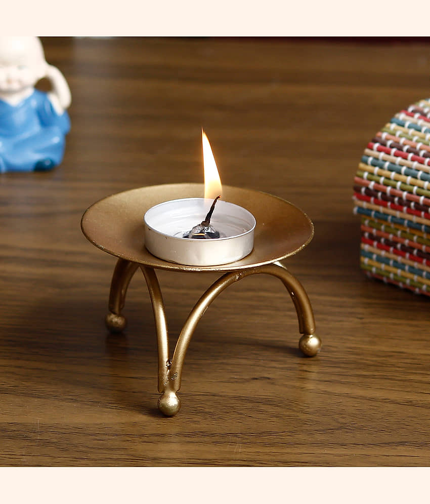 eCraftIndia Gold-Toned Handcrafted Metal Stand Tea Light Candle Holder view 2