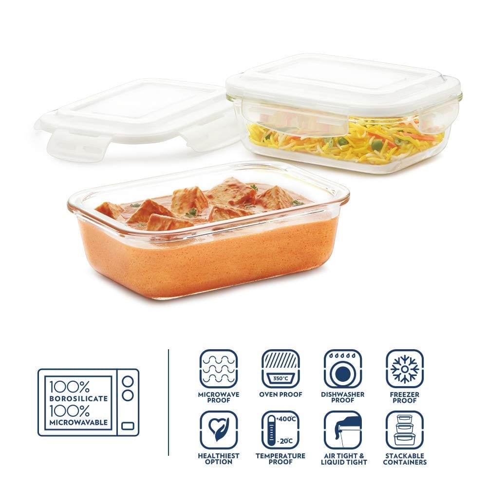 Borosil Klip N Store Microwave & Oven Safe, Glass Storage Container, Set of 2-120 ml, Rectangular, with Airtight Lid, Transparent view 2