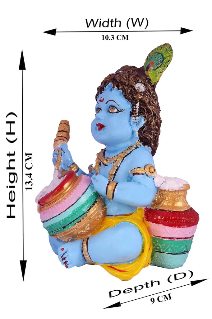 COPPERHOARD Blue Colour Resin Bal Gopal Hand Crafted Maakhan Chor Baby Krishna with Maakhan Pot Hindu God and Goddess Idol view 2
