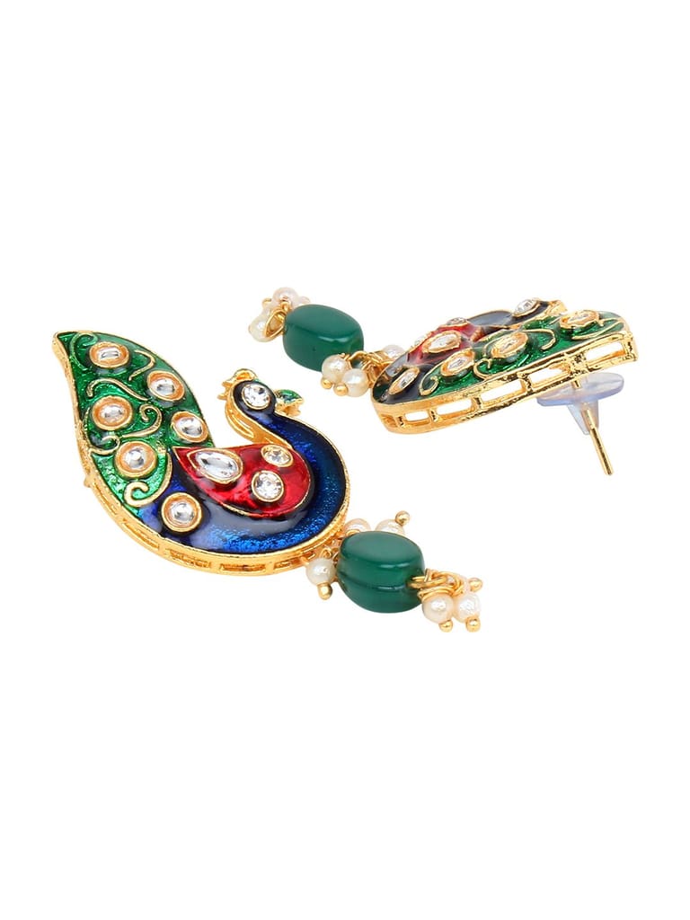 Cardinal Green Color Minakari Gold Plated Brass Peacock Design Kundan Multistring Onyx Necklace Set view 2