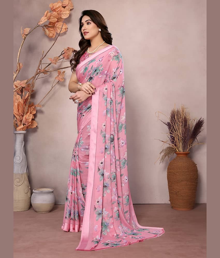 BLEESBURY Chiffon Printed Saree With Unstitched Blouse Piece ( Grey ) view 2
