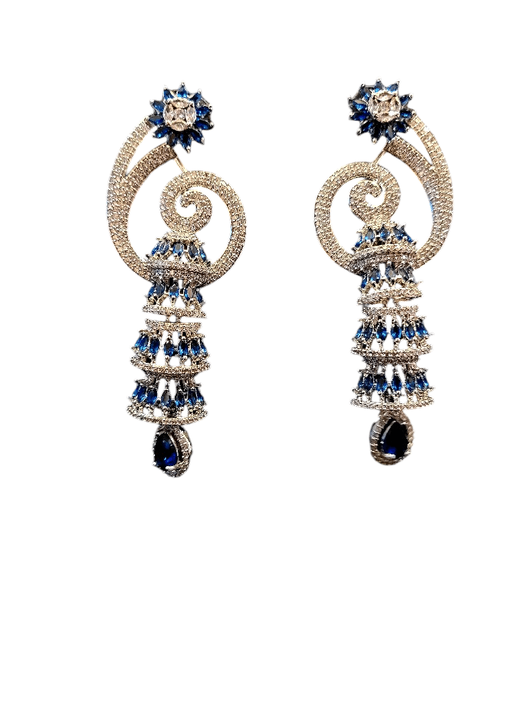 American Diamond Long Chandbali Earrings with Blue Stone view 2
