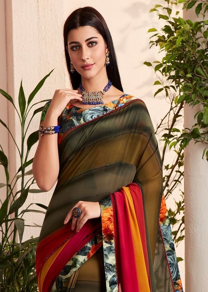 Digital Printed Georgette Saree in Multicolor view 2