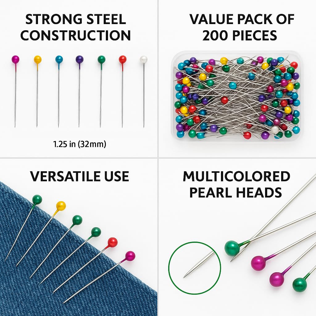 Sewing Pins for Tailoring (200 Pieces) � Steel Multicolored Pins for Sewing � 1.25 Inch Long Pearl Head Moti Pin for Dressmaking, Patchwork, Florist Decoration & Hijab/Scarf Use view 2