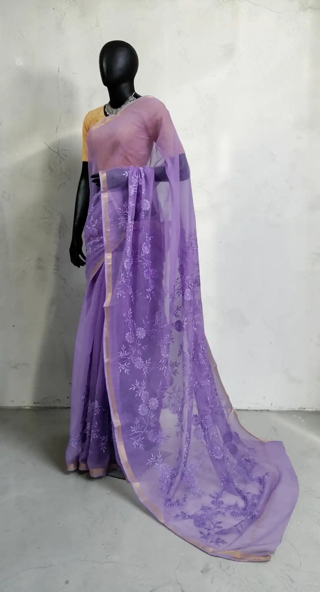 Purple Kota Doria Block Print Saree with Golden Zari Border view 2