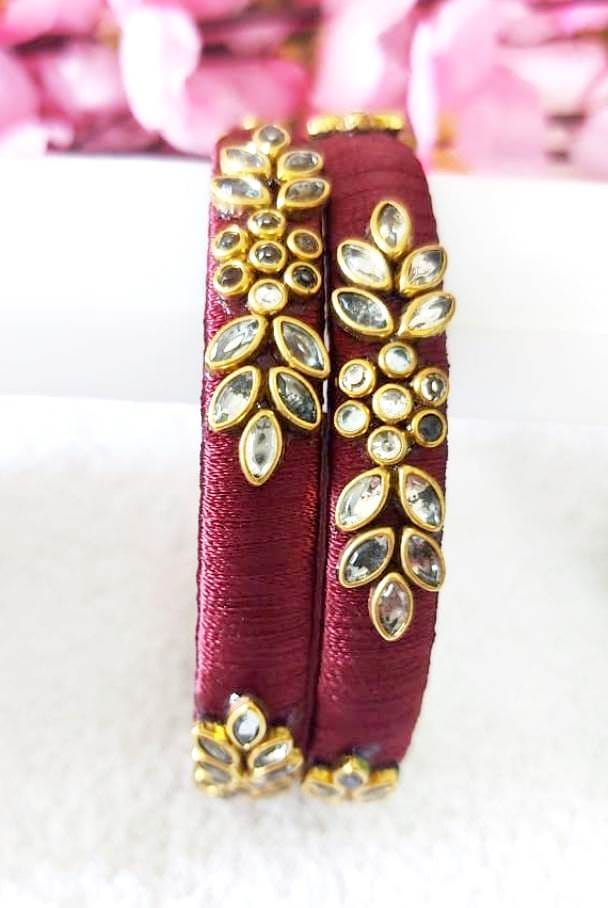 Exquisite Silk Thread Bangle Set with Kundan Stones view 2
