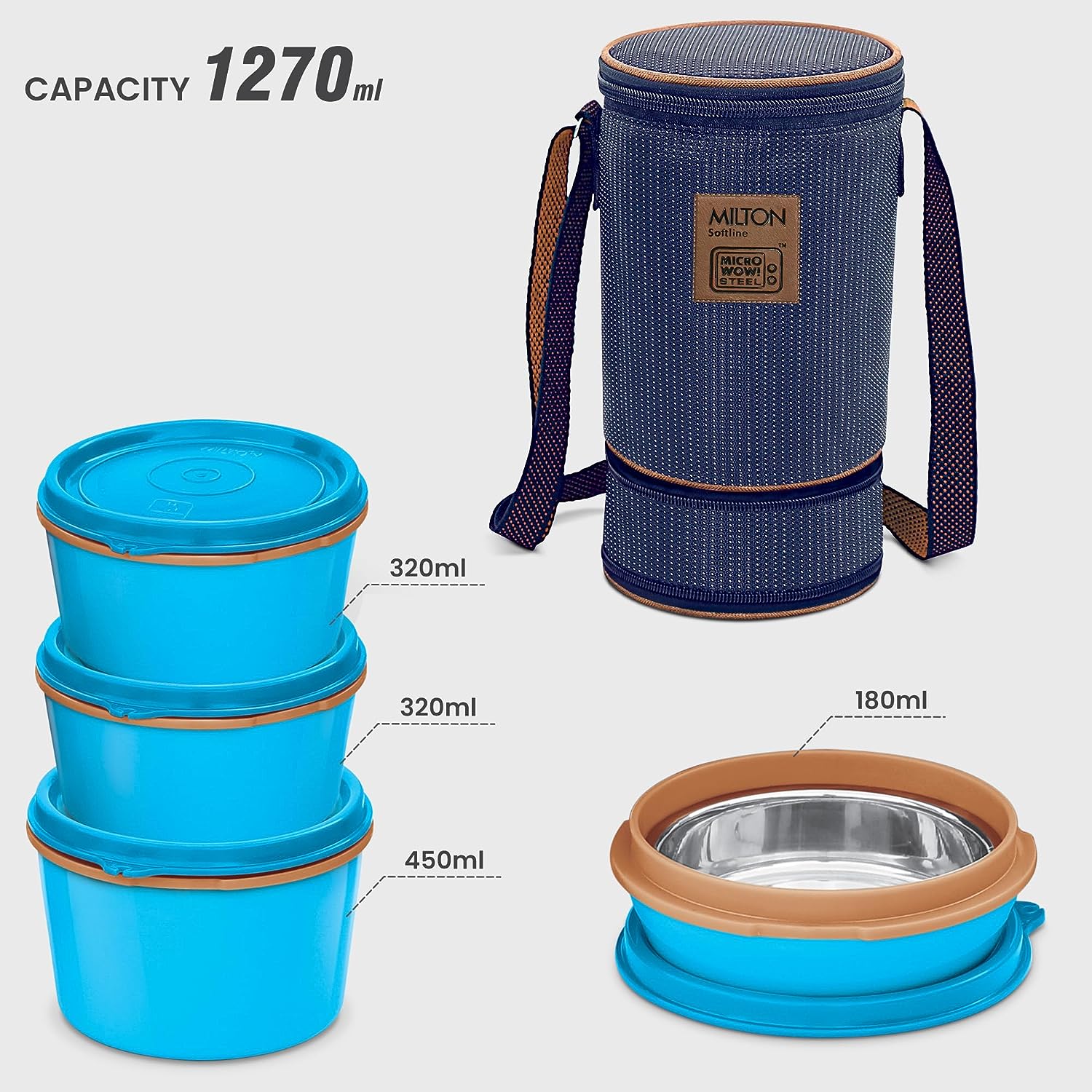 Milton Flexi 3 Plus 1 Inner Stainless Steel Lunch Box with Jacket (Set of 4 - Blue) view 2