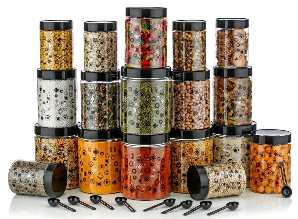 HAPPI Multipurpose Unbreakable Plastic Printed Airtight Container Set Masala Box For Kitchen Storage Box Dabba For Spice, Pack of 18 (6 Pcs of Each 350ml, 650ml, 1200ml with 18 Spoons) view 2