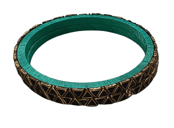 Green Silk Thread Bangle with Golden Triangle Design view 2