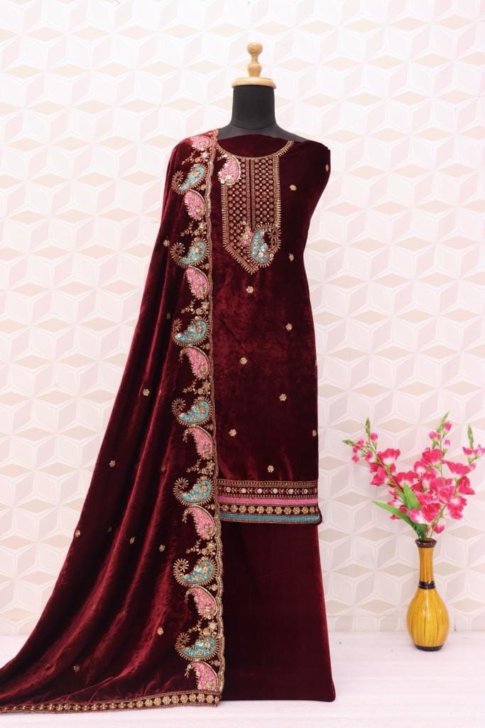 Lorenvelley Fashion Maroon Velvet Salwar Suit Material Embroidered view 2