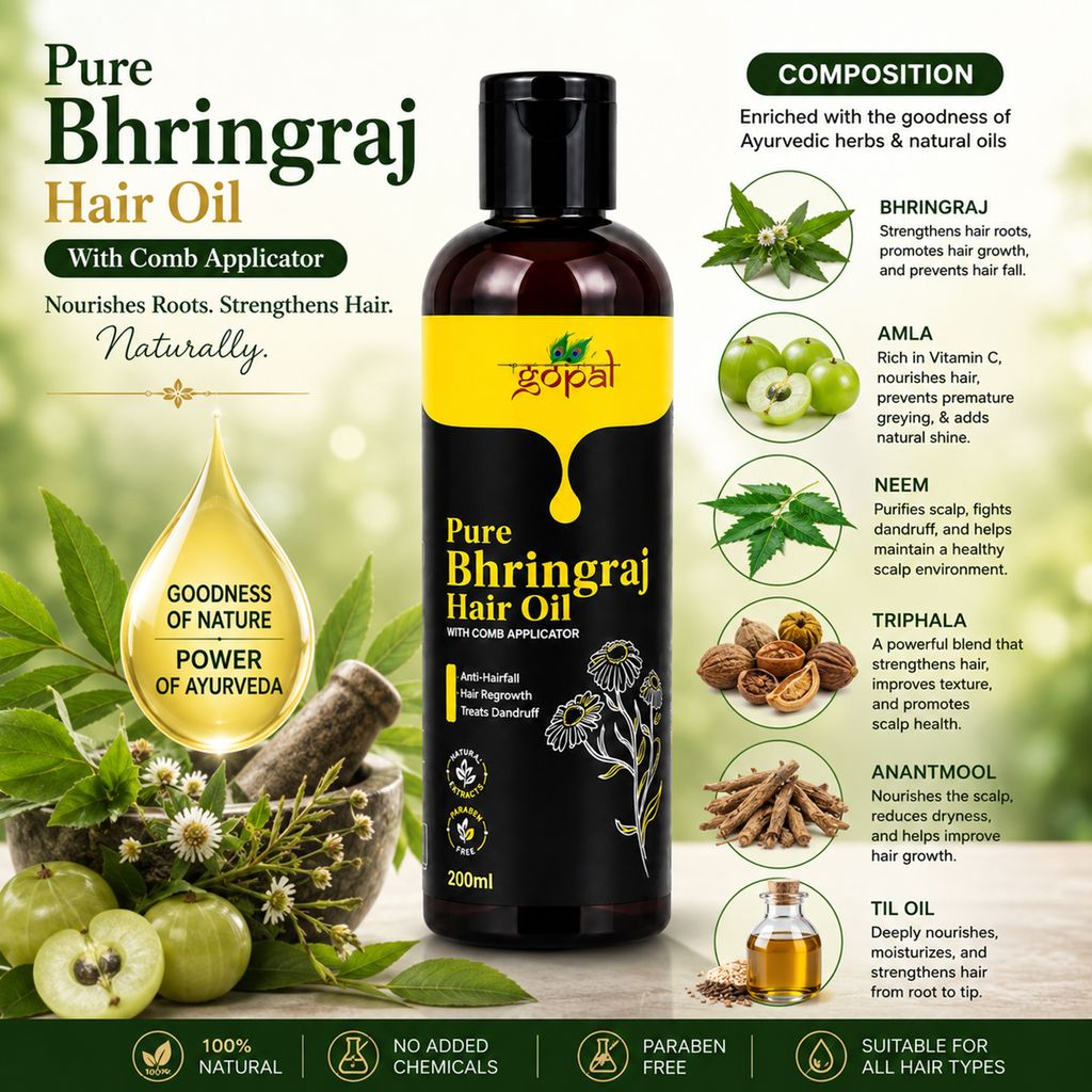 RamGopal Ayurveda Pure Bhringraj Hair Oil - 100% Natural, Ayurvedic Formula for Hair Growth, Strength & Dandruff Control with Bhringraj Plant, Amla, & Neem, 200ml view 2