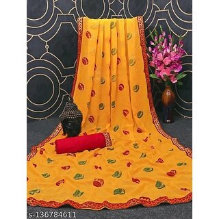 Yellow Colour Foil Printed Saree With Blouse Printed view 2