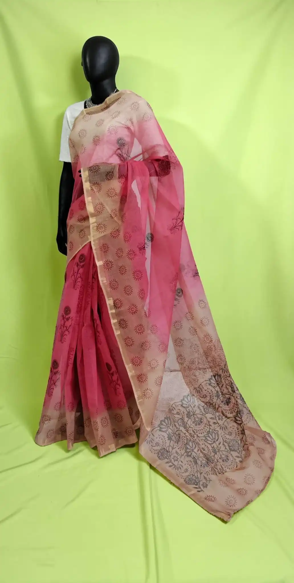 Kota Doria Block-Printed Saree in Rani Pink with Yellow Woven Border view 2