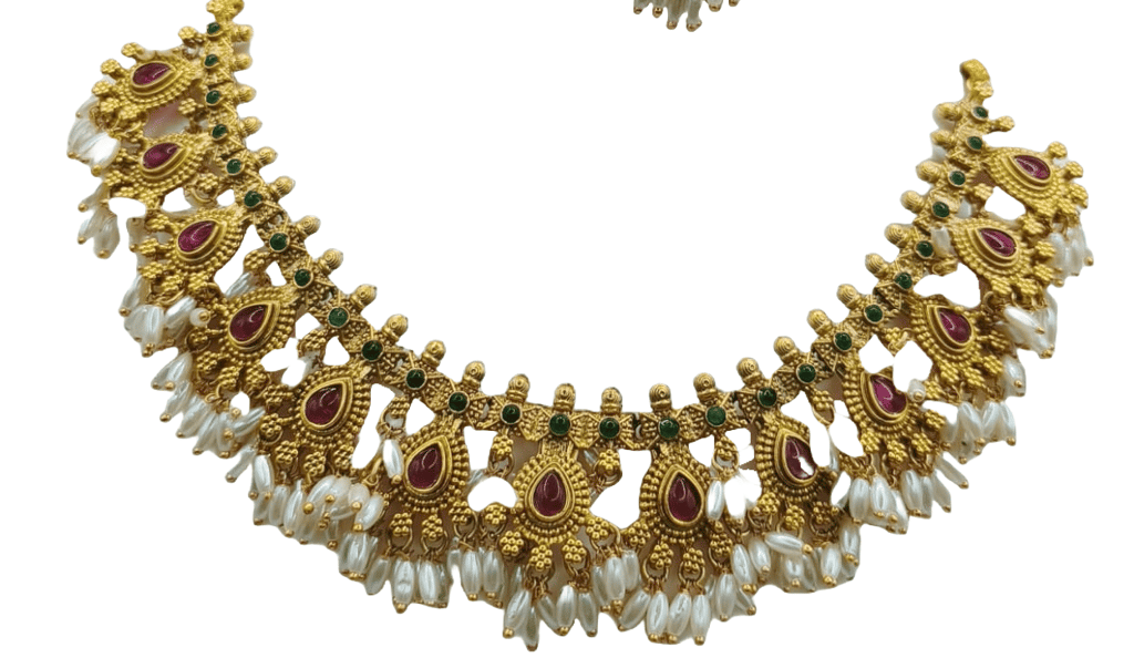 Gold-plated copper necklace and earring set with rubies and pearls view 2