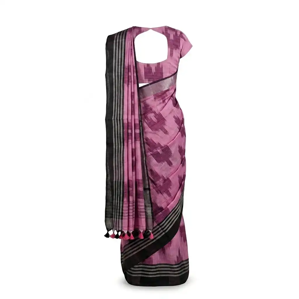 Pink Printed Odisha Handloom Saree | Ethnic Woven Cotton view 2