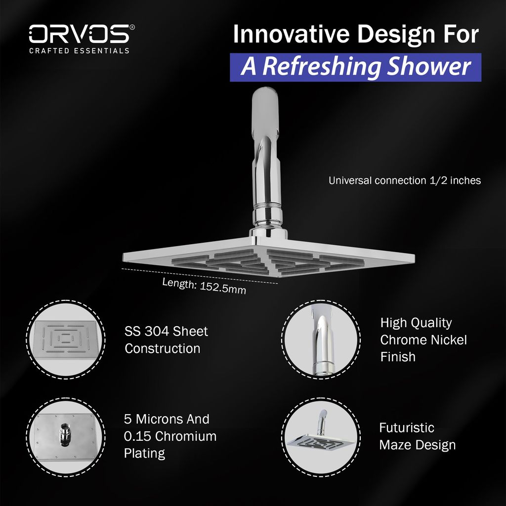 Orvos Overhead Shower, Futuristic maze design, Hiqh quality Stainless Steel, with salt tested chrome plating, 4x4 inches, head only, for high end luxury bathrooms view 2