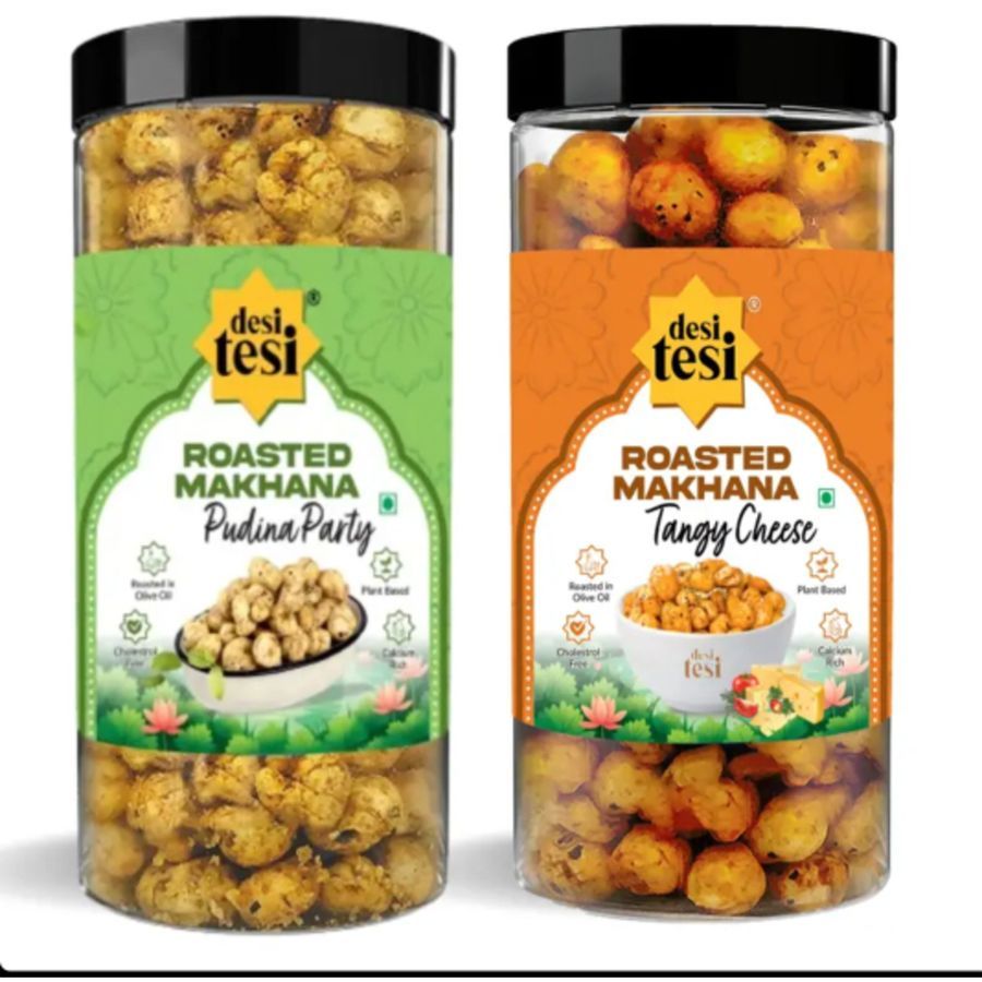 Roasted Makhana Combo – Pudina Party & Tangy Cheese | Premium Crunchy Fox Nuts - 160 gm - Two snack jars