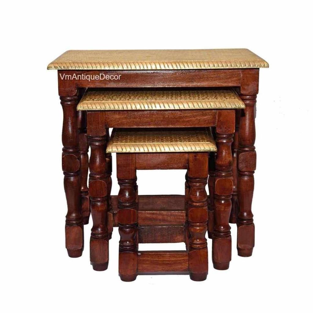 Indian Wooden Nesting Table Handicraft Brown Natural Brass Fitting view 2