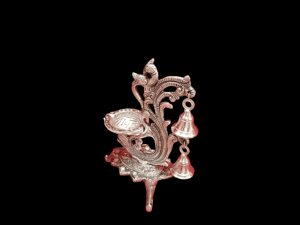 Silver-plated peacock diya with bells (6 inch) view 2