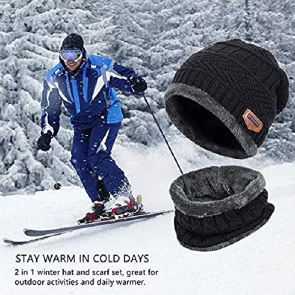 ATABZ Winter Knit Beanie Cap Hat Neck Warmer Scarf and Woolen Gloves Set for Men & Women (3 Piece) Black view 2