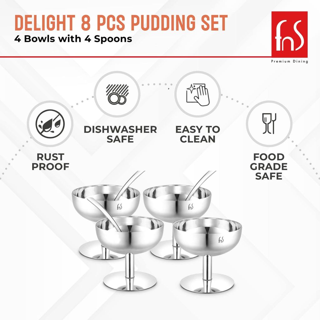 FNS Delight Stainless Steel Pudding Set for Serving Ice Cream, Fruit, Pudding, Snack (4 Dessert Cup and 4 Ice Cream Spoons) view 2