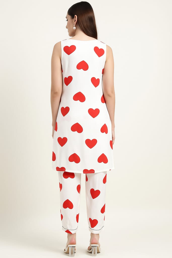 White & Red Heart Print Co-ord Set for Women – Sleeveless Kurta with Pants view 2