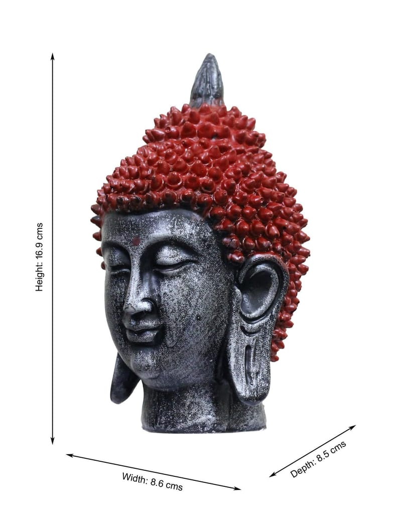 COPPERHOARD Modern Grey Red Resin Meditating Buddha Head Statue with Beautiful Smile for Home Temple and as Showpiece. view 2