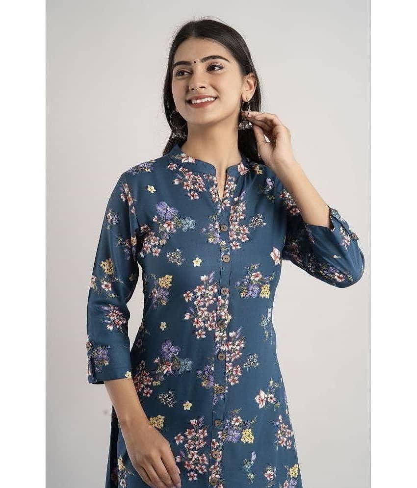 MAUKA - Blue Rayon Women's Front Slit Kurti ( Pack of 1 ) view 2