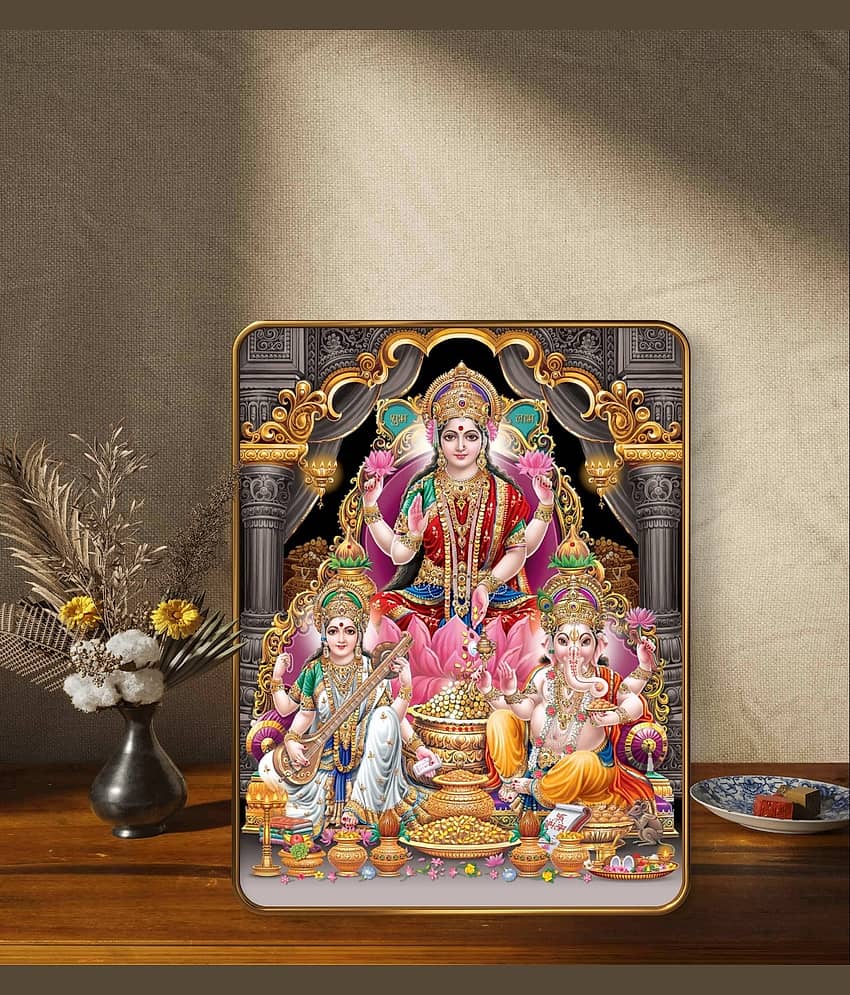 SAF Laxmi Ganesh Saraswati Wall Painting with Golden Frame & Sparkle Lamination | Hindu Deity MDF Poster for Home Temple Office Decor | Shubh Labh Religious Artwork for Gifting view 2