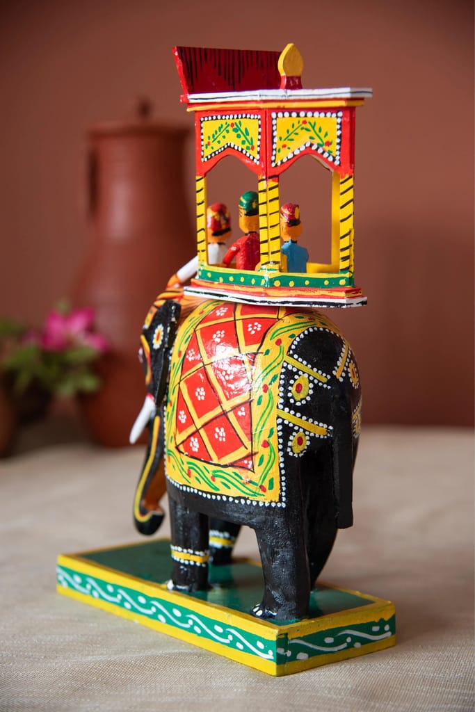 Hand-Painted Wooden Elephant with Howdah view 2