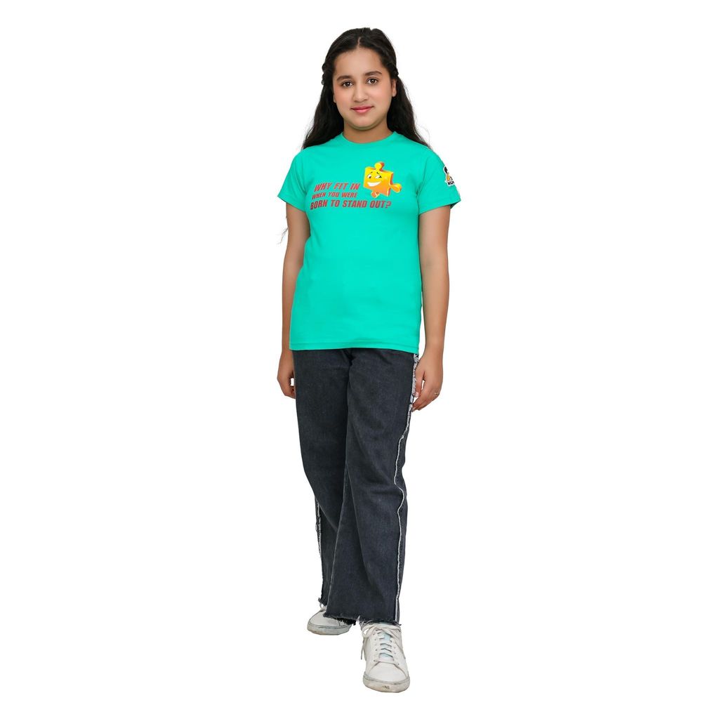 KUCHU Unisex T-Shirt | Why Fit in Print | 10–11 Years | Cotton Modal Fabric | Soft Feel | Breathable | Digitally Printed | Vibrant Colour Teal view 2