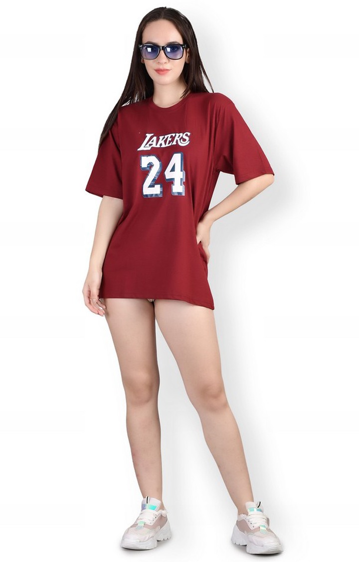 Lakers : Quirky Printed Oversized Women's Tees In Maroon Color view 2