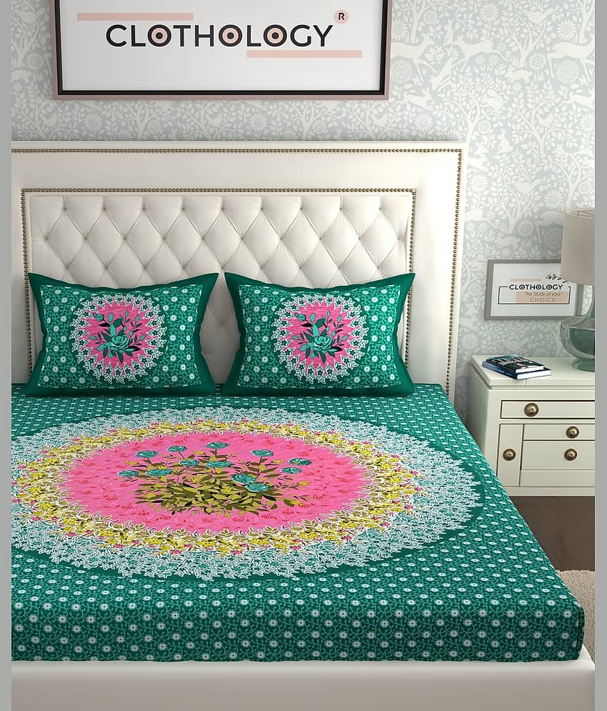 ABHACLOTHO Cotton 1 Double Bedsheet with 2 Pillow Covers ( Green ) view 2