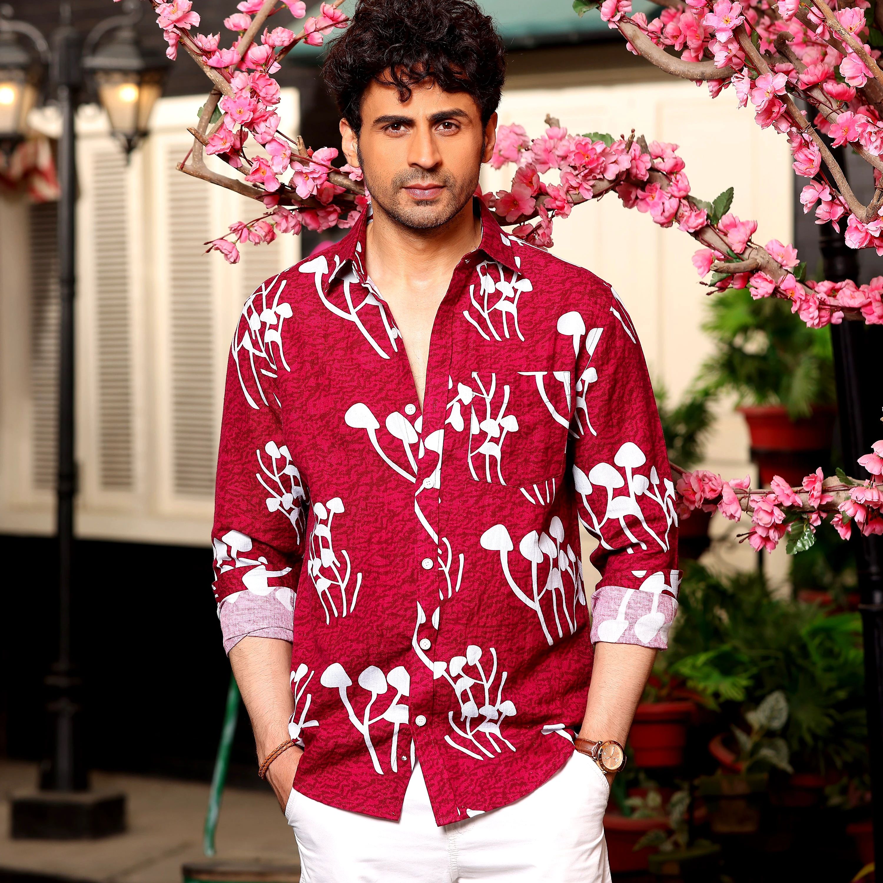 Mushroom Bunch Scarlet Maroon Casual Pure Linen Full Shirt (Size - XXL) by BLUE EAGLE