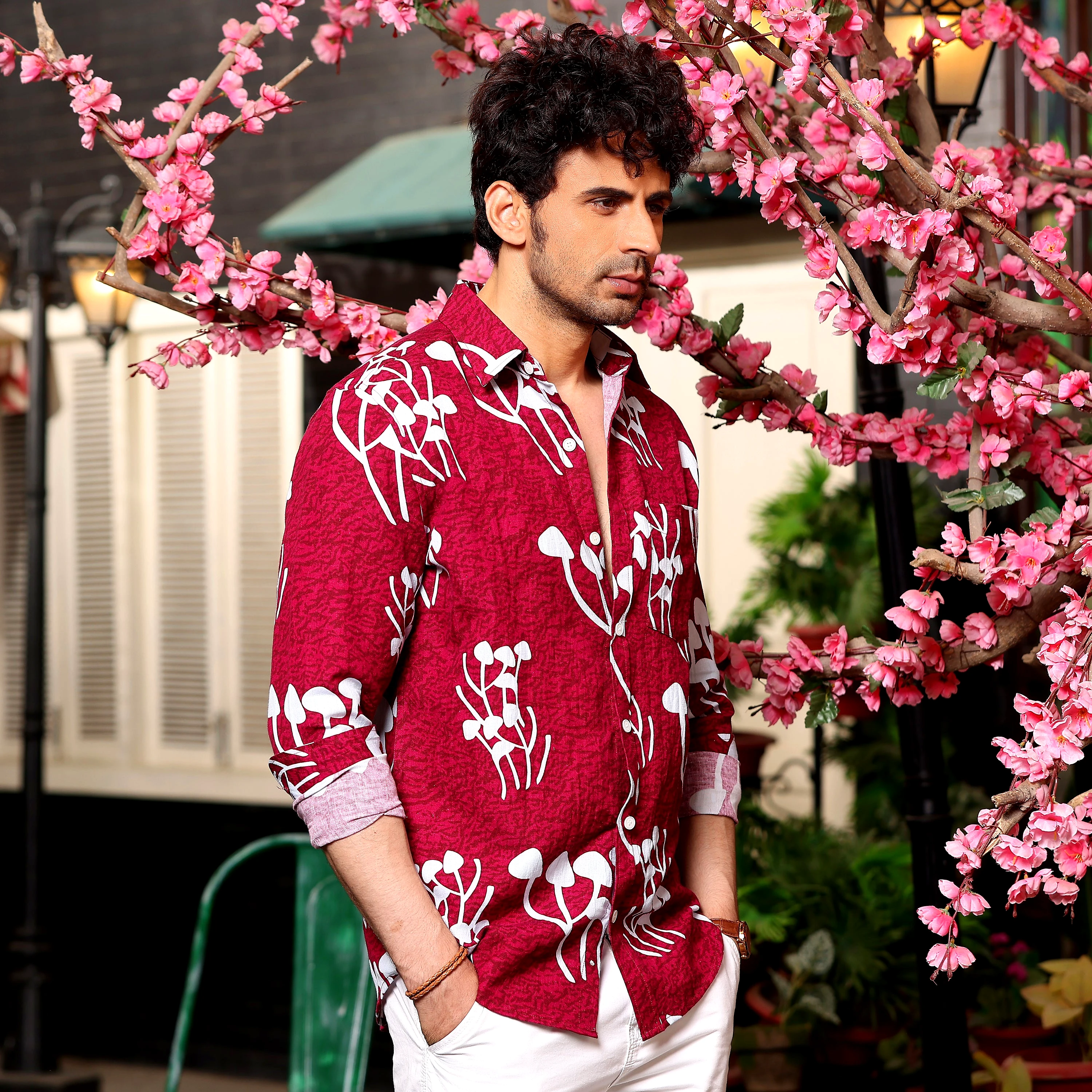 Mushroom Bunch Scarlet Maroon Casual Pure Linen Full Shirt (Size - XXL) by BLUE EAGLE view 2