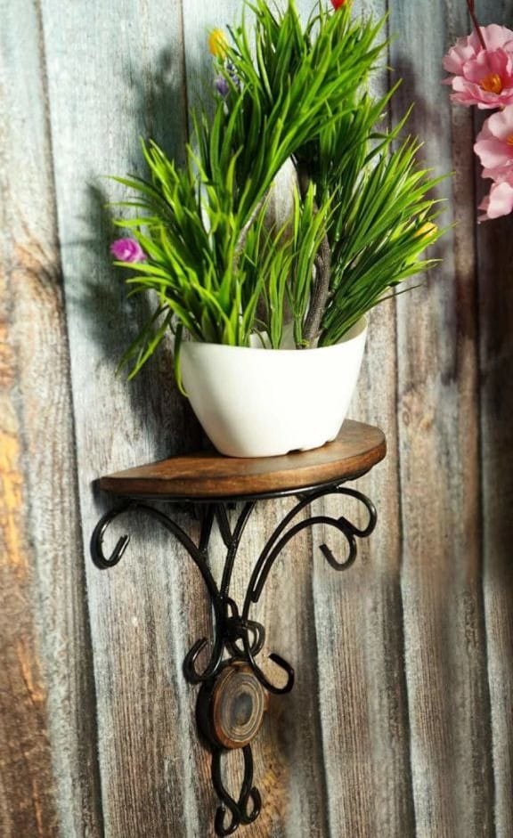 Homefrills Wooden and Wrought Iron Wall Mounted Bracket Fancy Shelf for Indoor & Outdoor Living Room Photo Frame, Flower Pot, WiFi etc Size-20 * 25 cm(Pack of 1) view 2